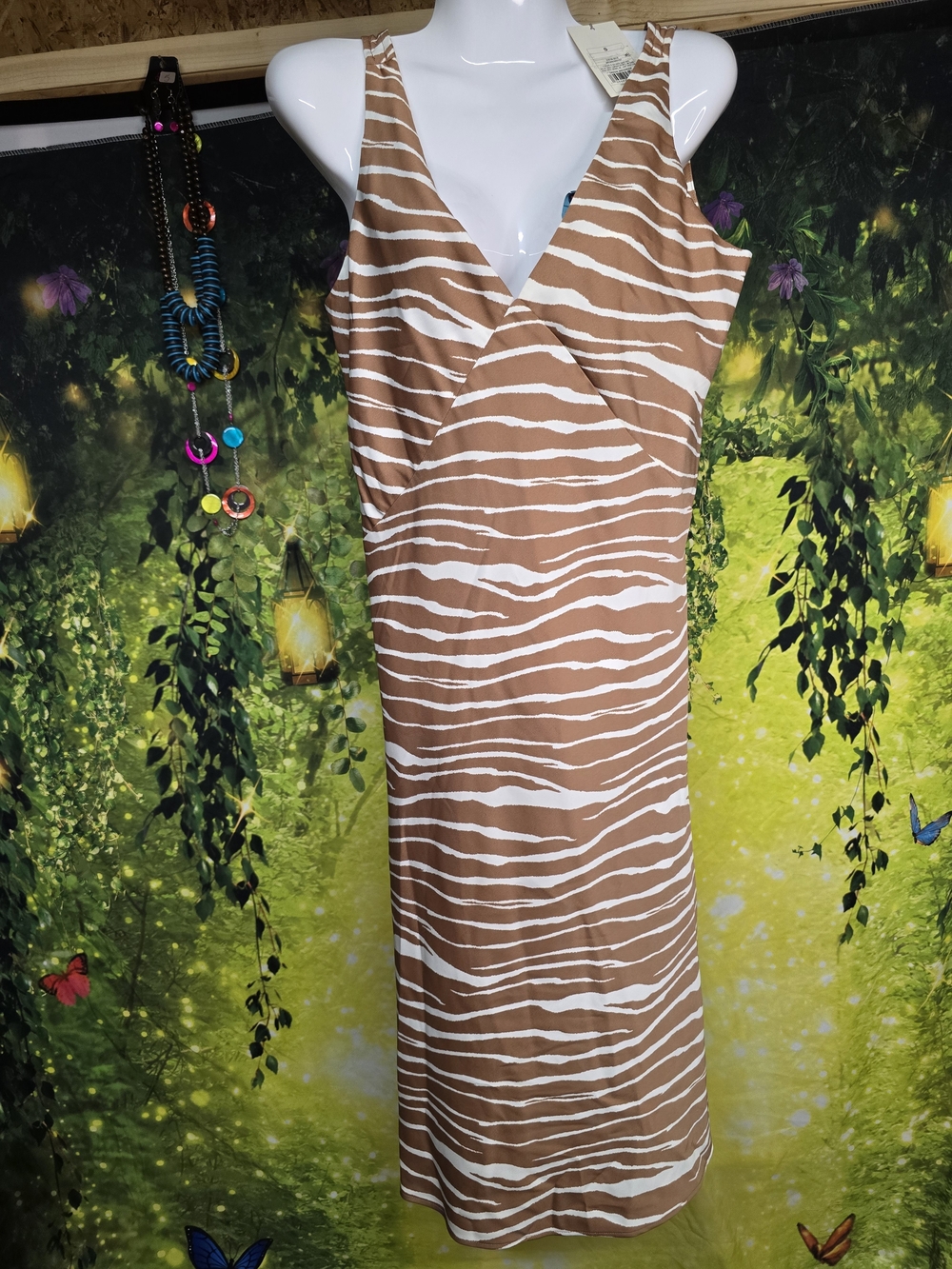 #146 a new day Tan & White Zebra-Stripe V-Neck Midi Dress